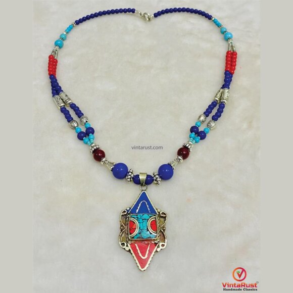 Tibetan Nepalese Pendant Necklace: Boho Tribal Jewelry with Beads & Stones - Picture 1 of 4